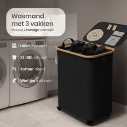 Wasmand 3 Vakken - Wassorteerder met Deksel - Wasbox op Wielen - 160L — thumbnail 2