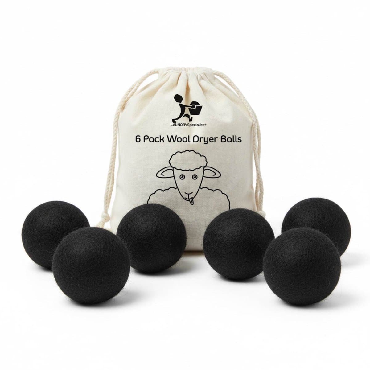 LaundrySpecialist Drogerballen Zwart - Set van 6 stuks XL - Herbruikbaar - Duurzaam drogen van de was - Wasdrogerballen - Droogballen - Wasbollen - Duurzaam wol - Wasdrogerballen - Energiebesparend — afbeelding 1