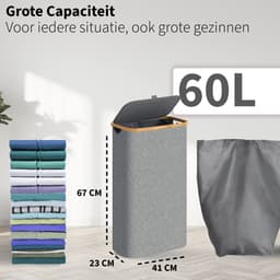 Smalle Wasmand met Deksel en Waszak - 60L - Smal - Wasmand - Opvouwbaar - Opbergmand - Linnen - Grijs — thumbnail 3