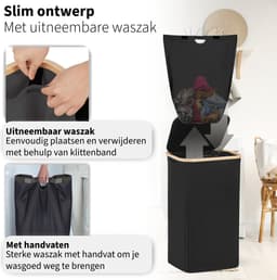 Smalle Wasmand - 60L - 2 Stuks - Wasmanden met Deksel en Waszak - Mand Vuile Was - Opbergmand - Mand - Zwart — thumbnail 3