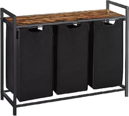 BRASQ Wasmand 3 vakken - Wassorteerder 114 Liter - Uitschuifbaar met Plank 92,5x33x71 cm - Wasbox Zwart Metaal - Bruin hout - Basket — thumbnail 1