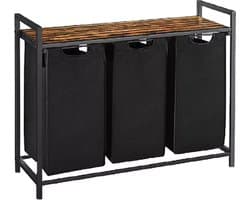 BRASQ Wasmand 3 vakken - Wassorteerder 114 Liter - Uitschuifbaar met Plank 92,5x33x71 cm - Wasbox Zwart Metaal - Bruin hout - Basket