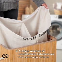 Infinity Goods Wasmand met Deksel XL - Bamboe - 2 Vakken - Wassorteerder - 2 Wasbare Katoenen Waszakken - Handvatten - 100 Liter - Natuurlijk Bruin — thumbnail 3