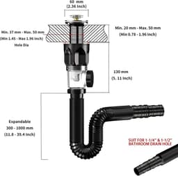 Afvoerset Voor Wastafel | Uitbreidbaar 300-1000mm Sifon | Flexibele Afvoer Met Intrekbaar Filterstop | Zwart | Universeel Voor Badkamer En Keuken | Geurafdicht | Lekvrij | Eenvoudig Te Installeren | Cyslmuk® — thumbnail 5