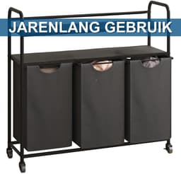 Wasmand – Voor Badkamer & Wasruimte – 3 Compartimenten (3×46L) met 2 Planken, Uitschuifbare Waszak – Grijs — thumbnail 2