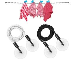 2-delige waslijn voor buiten - Elastisch touw - Uitschuifbare waslijn - Waslijn met haken en zuignappen - Geschikt voor binnen, gezin, kamperen en reizen - Zwart/Wit — afbeelding 1