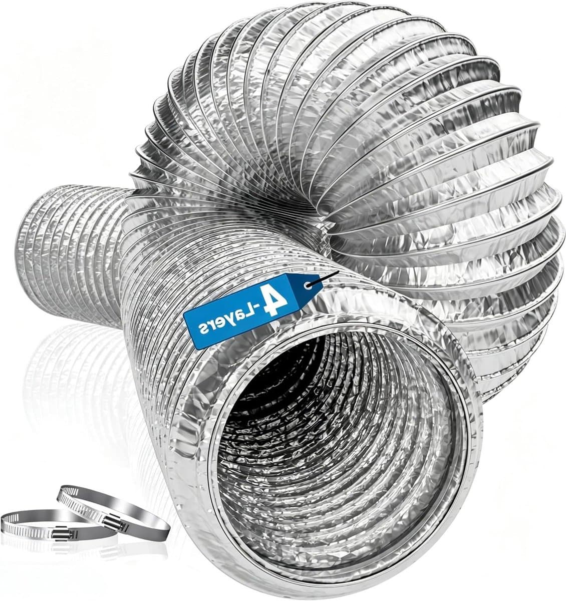 Dailygoods - Hon&Guan Aluminium buis, afvoerslang, 100 mm, lengte 5 m, geïsoleerd, 4 lagen verdikte universele drogerslang, aluminium flexibele buis met 2 slangklemmen, roestvrij staal, voor afzuigkap, badkamer — afbeelding 1