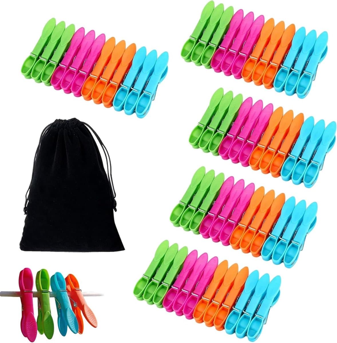 60 stuks wasknijpers met opbergtas, duurzame PP-materiaal, roestvrijstalen veren, antislip clips voor binnen en buiten, perfect voor wasserette, thuisgebruik en reizen — afbeelding 1
