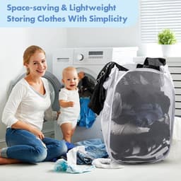 Ulisem - Wasmand - 70 liter opvouwbaar - 37x37x57 cm - Met zijvak - Wit - Polyester mesh materiaal - Ademend en duurzaam - Verstevigde handvatten - Draagbaar en ruimtebesparend - Geschikt voor thuis, reizen en slaapzaal — thumbnail 3