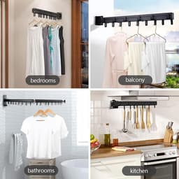 PolkaHome® droogrek hangend inklapbaar, wasdroogrek ophangbaar, Wandmontage wasrek, droogrek uitklapbaar, intrekbaar en opvouwbaar kledingophangrek met U-haken, buiten - binnen voor wasruimte, balkon, kast -drievoudig (zwart) — thumbnail 3