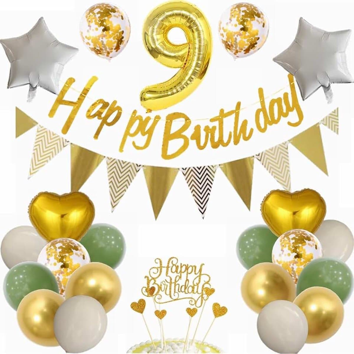 9e verjaardag decoratie - groen en goud party decoratie voor jongens en meisjes - cadeau 9 jaar — afbeelding 1