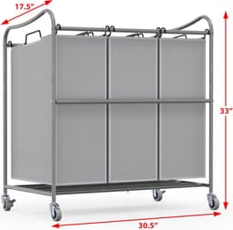 Houseware Heavy-Duty 3-Bag Wasserij Sorteerder Winkelwagen, Zilver | Verwijderbare Zakken en Afsluitbare Wielen voor Wasruimte Organisatie — thumbnail 5