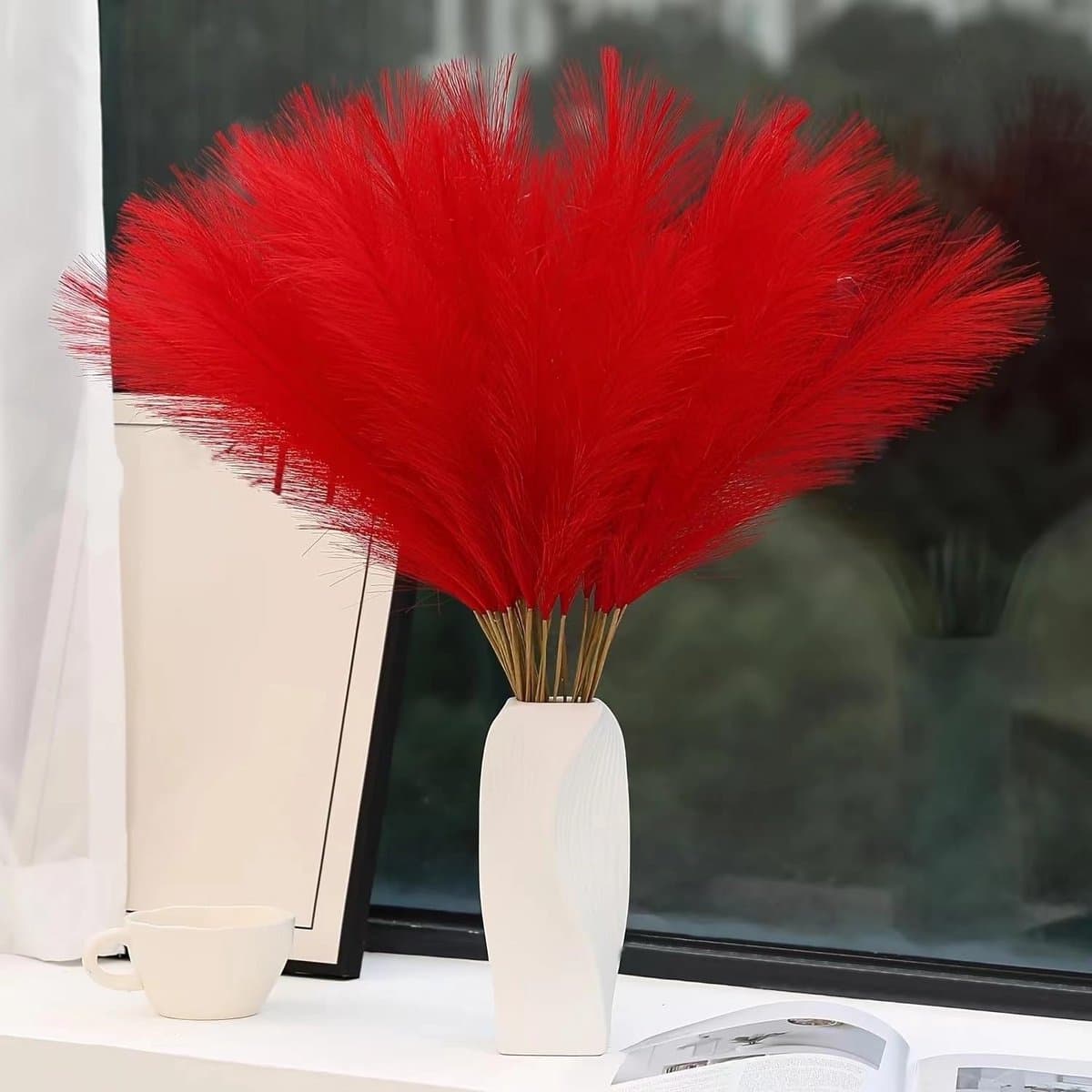 Gedroogde bloemen, pampasgras, decoratie, woonkamer, gedroogde bloemen, wollig faux boho voor het decoreren van de slaapkamer, woonkamer, bruiloft (rood) — afbeelding 1