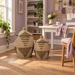 Wasmand met deksel – zeegras – set van 2 – 30 en 60 l – naturel zwart wit — thumbnail 2