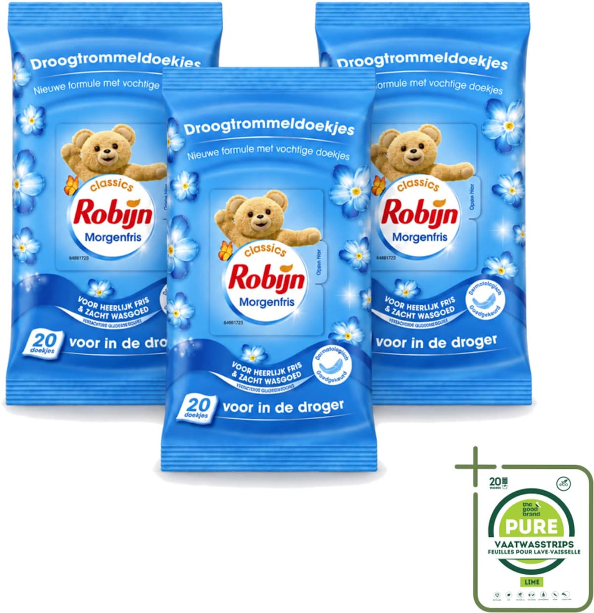 3 x Robijn – Droogtrommeldoekjes – Morgenfris - 20 Doekjes - Grootverpakking - Vaatwasstrips - Droogtrommeldoekjes - Wasgoed Drogen - Frisse Geur - Wasgoed Verzorgen - Kleuren Beschermen — afbeelding 1