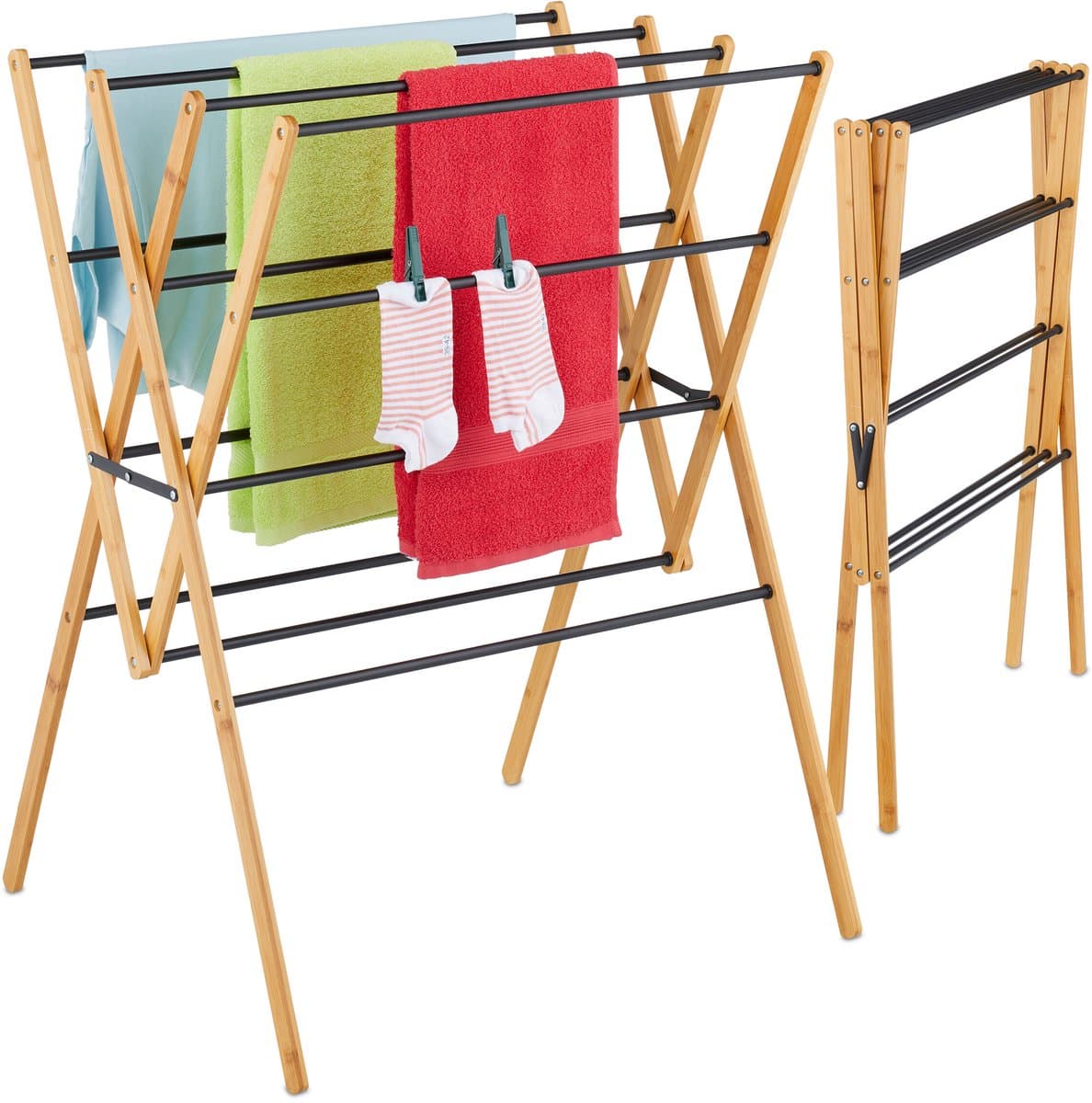 Wasrek inklapbaar - 93 x 70 x 62 cm - staand - bamboe - zwart — afbeelding 1