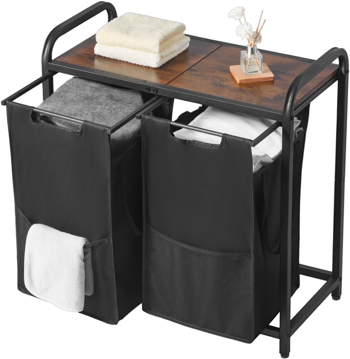 Wasmand, met Metalen Frame en Houten Top, met Uittrekbare 600D Oxford-Stoffenzakken, Vrijstaande Organisator voor Vuile Kleding en Badkameropslag — afbeelding 1