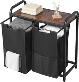 Wasmand, met Metalen Frame en Houten Top, met Uittrekbare 600D Oxford-Stoffenzakken, Vrijstaande Organisator voor Vuile Kleding en Badkameropslag — thumbnail 1