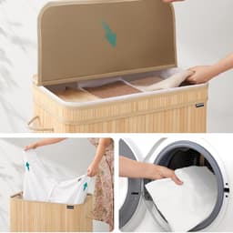 Wasmand, vuilnismand met deksel, handgrepen en uitneembare voering, 3-vaks indeling met een totale capaciteit van 150 liter, geschikt voor wasruimte, slaapkamer en toiletruimte, 41,5 x 62,5 x 61 cm, naturel. — thumbnail 4