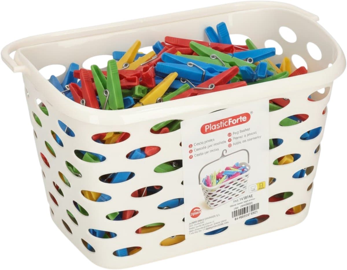 Plasticforte Wasknijpers Mandje - aan haak - 26 x 15 x 20 cm - wit - kunststof - ophangen — afbeelding 1