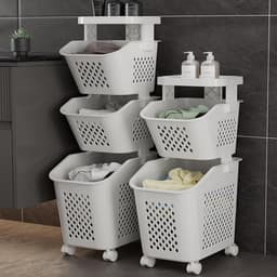 Wasmand op wielen - Rolwagen opbergruimte - Vuile was sorteren - Ademende meshstructuur - Tot 132 cm hoog - Wit — thumbnail 2