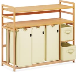 DREAM Wasmand met 5 vakken, 2 planken, wasverzamelaar, 190 liter, wasboxen met mand, wassorteerder met 3 waszakken en 2 stoffen boxen, waszak, bamboe, wasrek, wasmand, beige — thumbnail 1