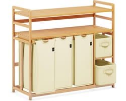 DREAM Wasmand met 5 vakken, 2 planken, wasverzamelaar, 190 liter, wasboxen met mand, wassorteerder met 3 waszakken en 2 stoffen boxen, waszak, bamboe, wasrek, wasmand, beige