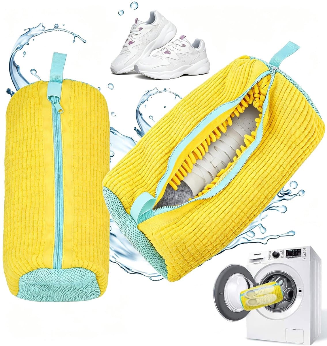 waszak, herbruikbare ritssluiting, pluche schoenen, waszak voor wasmachine, rondom reiniging, wasnet, schoenen voor alle sneakers, schoensoorten (geel) — afbeelding 1