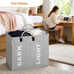 opvouwbaar, 2 vakken, 60 l, opbergtas met handvat, wasmand van Oxford, 600D, waterdicht, kleding voor slaapkamer, hotel, slaapzaal, 53 x 23 x 53 cm, grijs — thumbnail 4