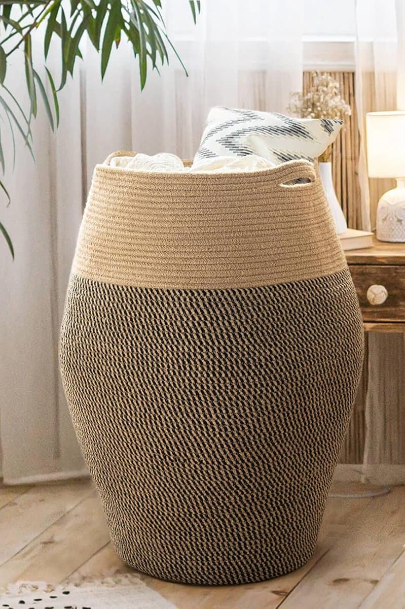 Gevlochten Wasmand 65cm Hoog - Grote Opbergmand van Katoen & Jute - Opvouwbaar - Zwart/Jute — afbeelding 1