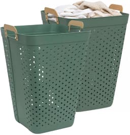 5Five zeer ruime wasmand Kolos - 2x - groen - 74 liter - 44 x 64 cm - kunststof - wasbox - mand voor wasgoed - badkamer - met handvatten — thumbnail 1