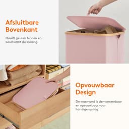 Wasmand van 100 liter met deksel, wasmand met bamboe handgrepen en 1 afneembare tas, grote opvouwbare wasmand voor slaapkamer, badkamer, slaapzaal, wasruimte, roze — thumbnail 1