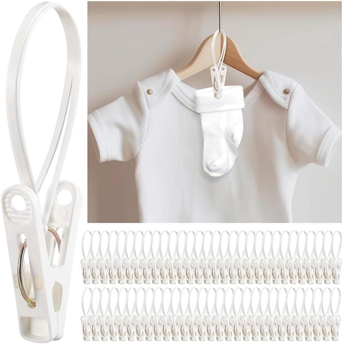 60 stuks waslijn haken met clips en touw, kunststof hangclips voor babykleding, winddichte ruimtebesparende opbergoplossing voor kast en droogrek — afbeelding 1