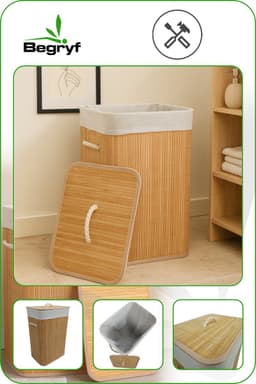 Begryf - Wasmand - Bamboe - met deksel - - Naturel / grijs - 40 x 30 x 60 cm — thumbnail 2