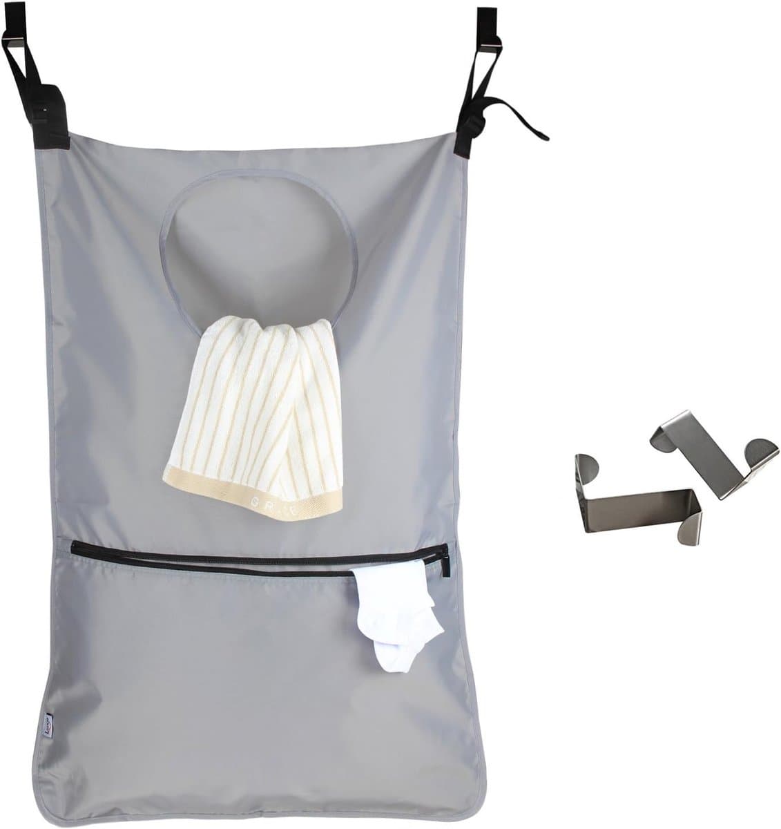 Hangende waszak, waszak voor deur, wasmand met 2 extra roestvrijstalen deurhaken, wasmand, grijs | Wasmand voor de deur, grote wasmand voor ruimtebesparende opslag, badkamer, slaapkamer, grijs — afbeelding 1
