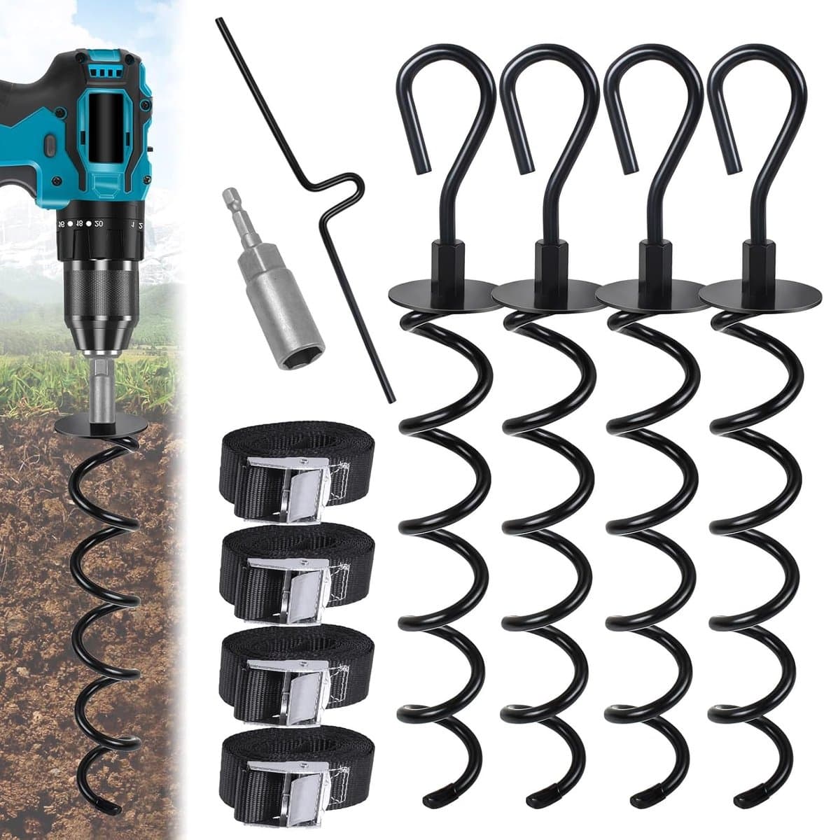 10 pieces ground anchor set, 4 trampoline ground anchors + 4 adjustable straps with buckles + drill adapter + twist - ShopVlot — afbeelding 1