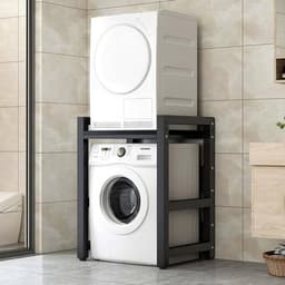 Wasmachine standaard – Wasdroger rek – Verhoger – Opbouwmeubel – Opbergrek – Verstelbaar in hoogte – Zwart smeedijzer met plank — thumbnail 4
