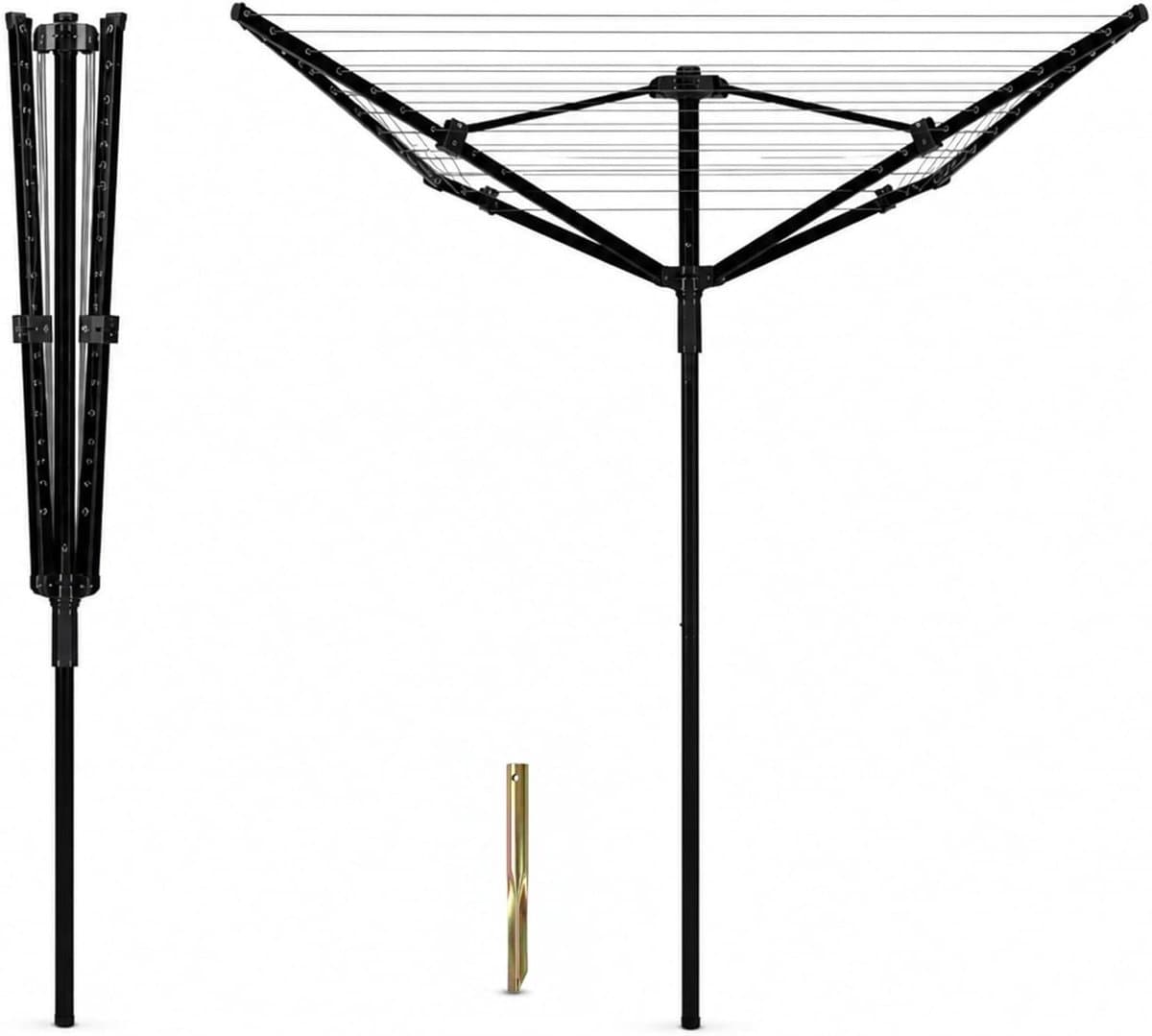 Droogrek Buiten - Waslijnen 4 Armen - Kleding Drogen - Inclusief Grondanker - 45 Meter Drooglijn - Zwart — afbeelding 1