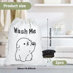 Waszak 50 x 60 cm - Waszakken 2 stuks - Waszak met hondenontwerp - Opbergzakken voor wasgoed - Katoenen waszakken - Duurzaam en robuust - Wasmand — thumbnail 5