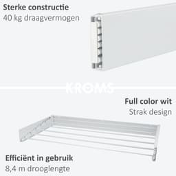 KROMS Full Color Wit 120cm Wanddroogrek - 8,4m Drooglengte - Incl. Boormal - Droogrek Inklapbaar - Wasrek Hangend - Uitklapbaar - Muur - Ophangbaar — thumbnail 5