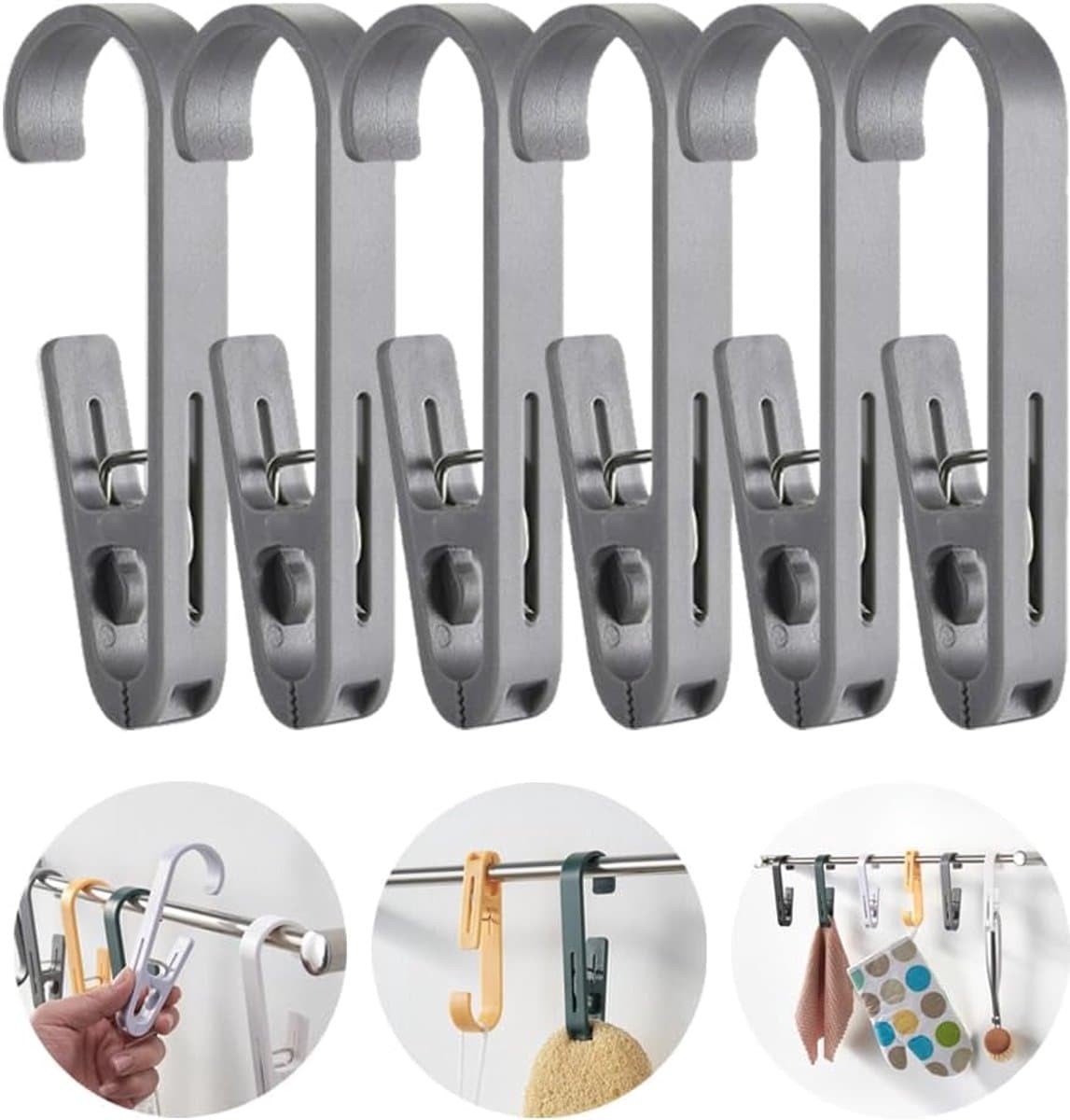 Washaken met klemmen - Sterke plastic wasknijpers - kleerhangers voor sokken - washaken clip - Veelzijdig - draagbare antislip plastic hangers clips - voor kleding gordijn badhanddoek hoed lakens jas - 6stuks - grijs — afbeelding 1