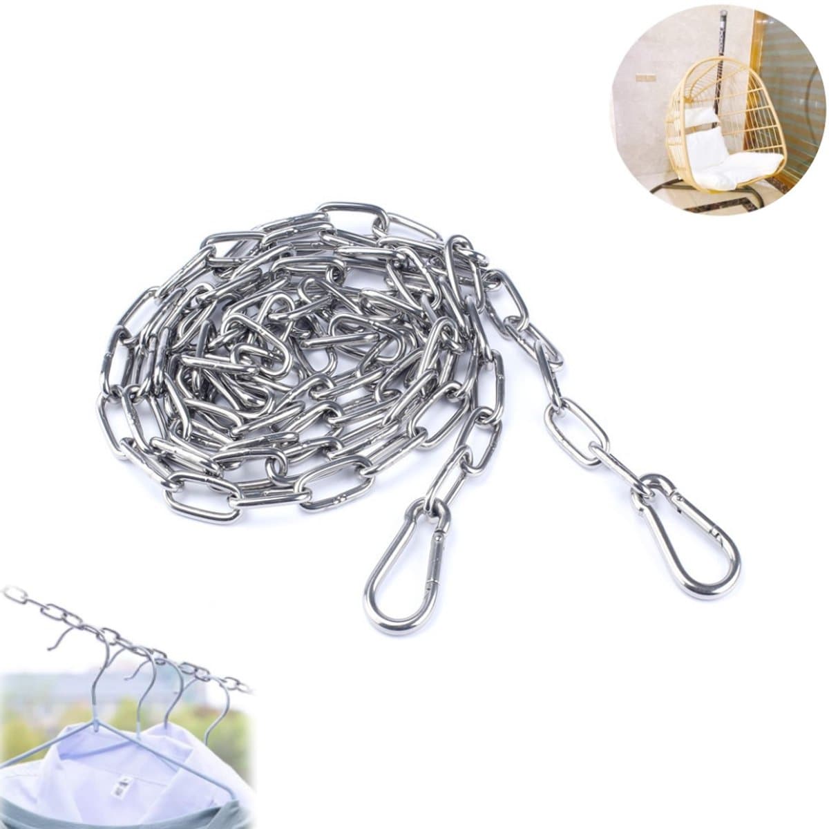 1 stuk - Waslijn - Waslijn van roestvrij staal 304 - Hangmatketting - Schommelketting voor op de veranda - Robuuste waslijn voor buiten - Waslijn van 2 meter - Geschikt voor accessoires voor hangstoelen en het drogen van kleding (zilver) — afbeelding 1