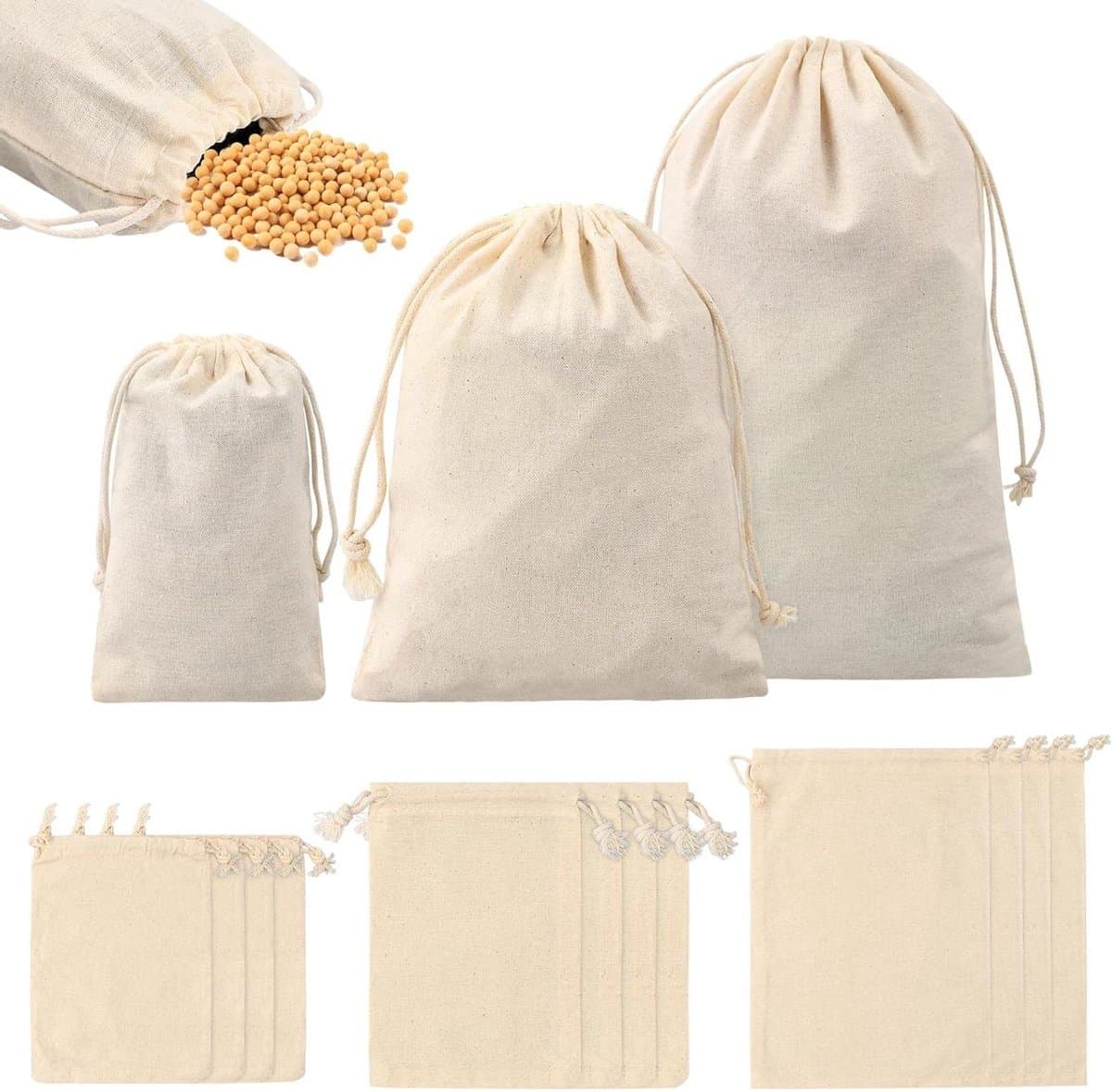 Allecta - Natuurlijke katoenen zakjes met trekkoord - Sieraden cadeau - Beige - Set van 12 — afbeelding 1
