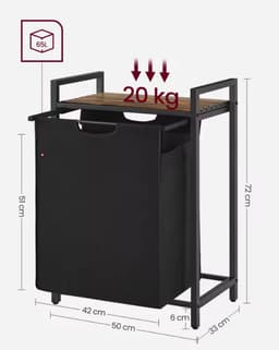 Wasmand 65L met Houten Bovenblad – Metalen Frame – Uitneembare Waszak – Waterafstotend – Compact Wasrek – 50×33×72 cm – Zwart — thumbnail 5