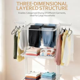 Soontrans Metalen Wasrek Met Wielen – Inklapbaar & Uitschuifbaar, 3 Verdiepingen Droogtoren 66x50x170cm, Multifunctioneel Voor Binnen/Buiten/Balkon, Stevig en Langleven, Inclusief 2 Sokkenclips en 1 Dubbellaagse Droogmand (Wit) — thumbnail 3