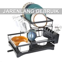 Afwasrek – Droogrek - Voor keukentafels en aanrecht – 2-laags droogrek met uitneembare onderdelen – Gemaakt van duurzaam kunststof/roestvrij staal - Zwart — thumbnail 2