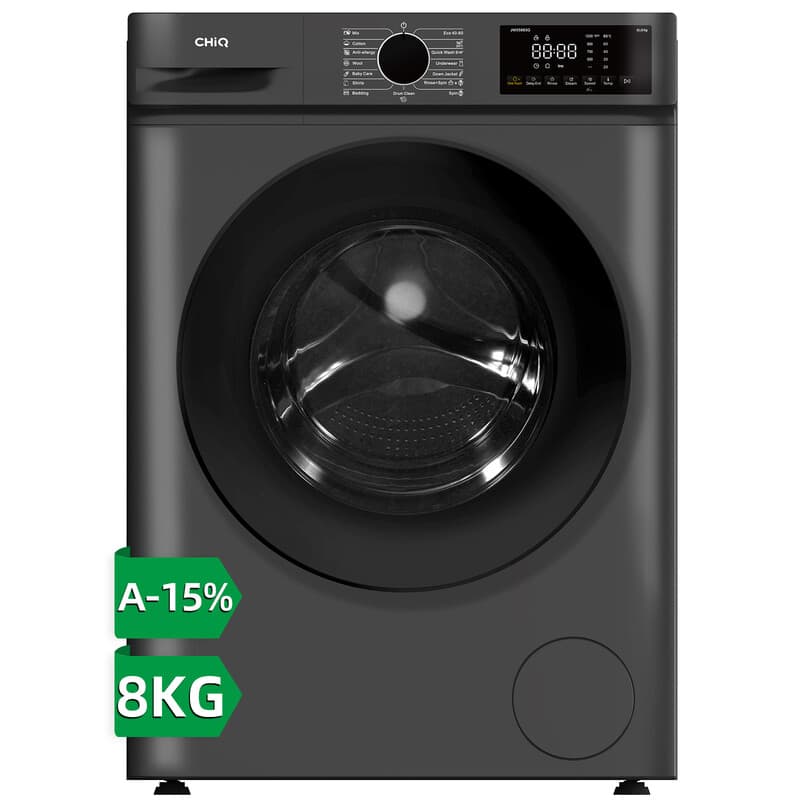 CHiQ 8 kg frontlader wasmachine, donkergrijs, energieklasse A-15%, grote trommel 530 mm, 1400 toeren, 16 programma's, stoomwassen & 1-touch smart wash JW85883G — afbeelding 1