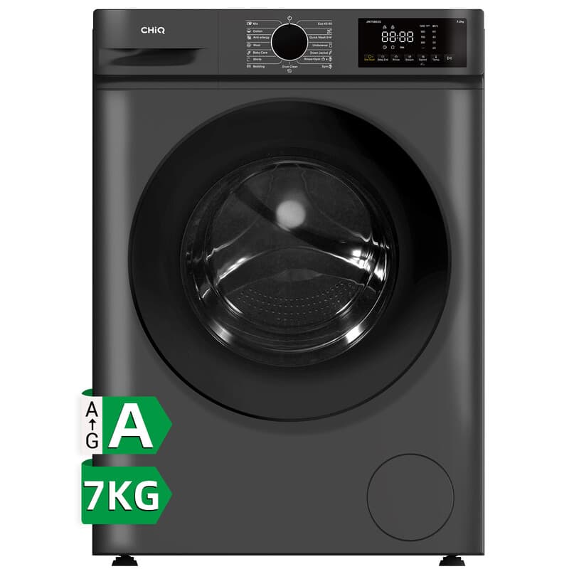 CHiQ 7 kg frontlader wasmachine, donkergrijs, energieklasse A, grote trommel 530 mm, 1200 toeren, 16 programma's, stoomwassen & 1-touch smart wash JW75883G — afbeelding 1