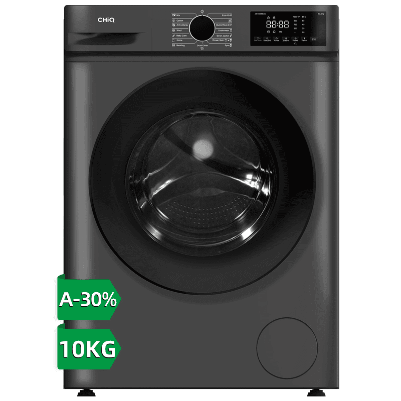 CHiQ 10 kg frontlader wasmachine, donkergrijs, energieklasse A-30%, grote trommel 530 mm, 1400 toeren, 16 programma's, stoomwassen & 1-Touch Smart Wash JW105883G — afbeelding 1