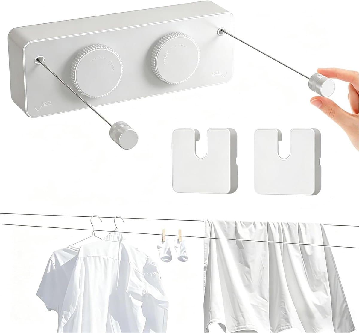 Wandgemonteerde Waslijn - Uittrekbare Lijn - Was Drogen - Voorkomt Doorhang - 4.2 Meter - Wit — afbeelding 1